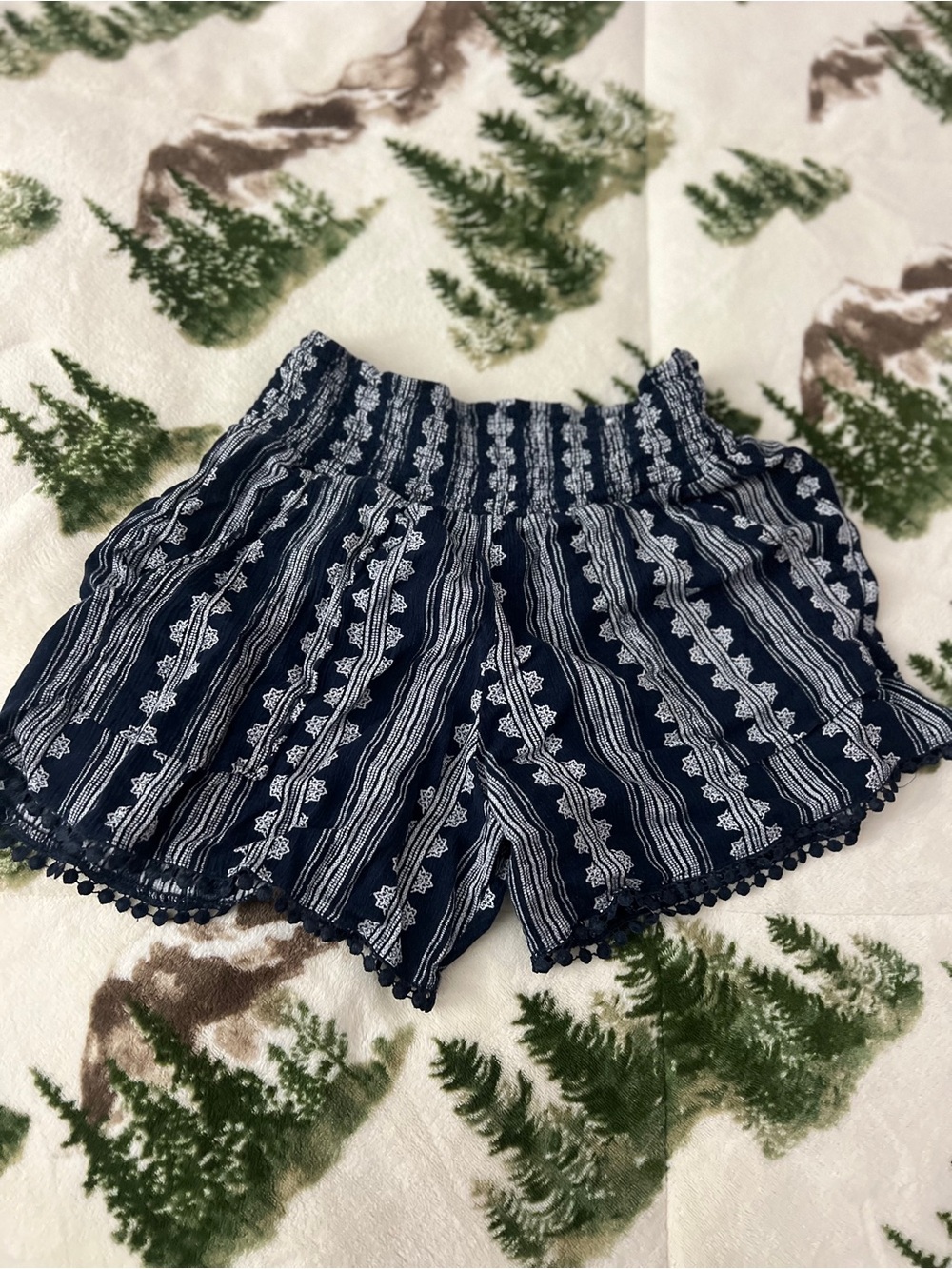 Three Dots Navy and White Embroidered High-Waist Shorts